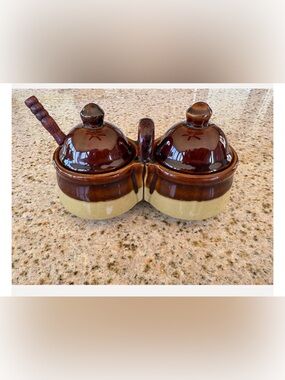 Double Ceramic Condiment Server Set in Brown and Cream with Wooden Spoon
